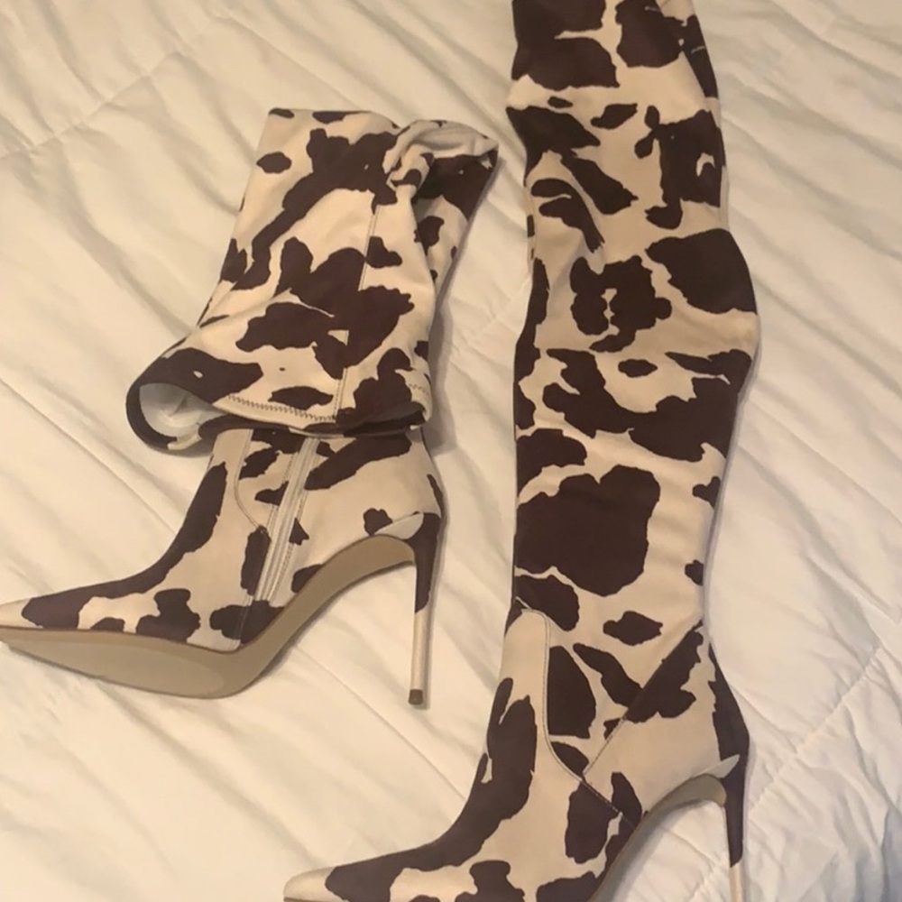Brown and Cream Women's Knee-High Boots